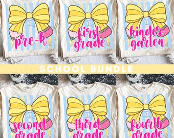 Back to School Pencil Bow SVG Bundle, Striped School Design, Teacher Svg, Coquette Pencil Png, Teacher Shirt Png, School Grade Sublimation