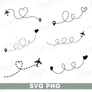 May include: Black and white SVG and PNG graphic featuring stylized travel elements. Includes airplanes, hearts, and location markers connected by dashed lines, suggesting flight paths. The text "SVG PNG" is at the bottom.