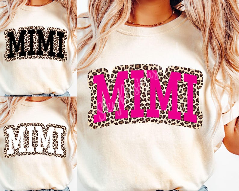 Pu&ograve; includere: Una maglietta bianca con un design a stampa leopardata marrone e rosa che dice "MIMI" in grandi lettere rosa.