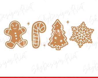 May include: A set of brown gingerbread Christmas icons on a white backdrop. The icons feature a gingerbread man, a candy cane, a Christmas tree, and a snowflake. The bottom of the image has the text "SVG PNG EPS PDF JPG" in white on a red background.