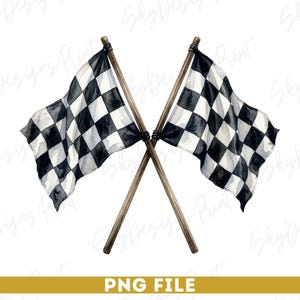 May include: Two crossed chequered flags featuring a black and white square pattern. Each flag is attached to a brown wooden pole. The flags have a watercolour texture with visible brush strokes and soft edges, creating a classic racing design.