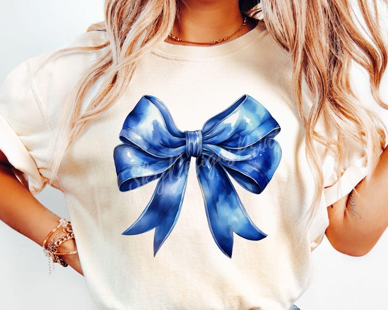 May include: A blue watercolor bow with a white background. The bow is tied in a knot and the ends are flowing.