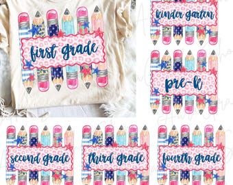 Preppy Back To School Pencil PNG Bundle, Pink Leopard Striped Png, Teacher Bundle Png, School Shirts Png, Pre-K To Fourth Grade Design