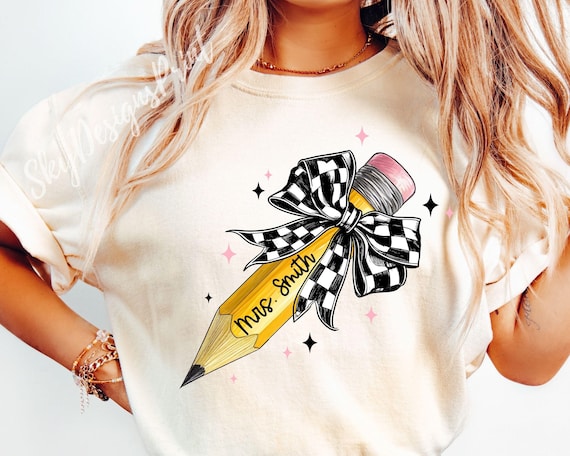 Teacher Coquette Pencil PNG, Checkered Bow Teacher Png, Custom Teacher Name, Back To School Png, Teacher Shirt Png, Teacher Appreciation Png