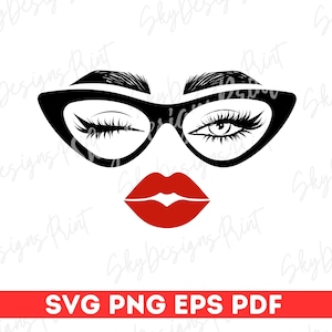 May include: A black and white illustration of a woman's face with thick eyebrows, closed eyes, and cat-eye glasses. The woman is winking with one eye. Her lips are red and full.