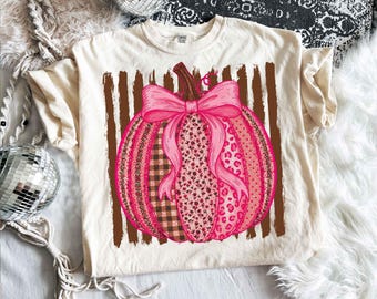 Striped Preppy Fall Pumpkin PNG, Floral Pumpkin Bow PNG, Trending Cozy Season Png, Pink Pumpkin, Coquette Autumn Shirt Png, Pumpkin Spice