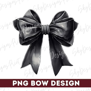 May include: A black watercolor bow with a large center loop and two long tails. The bow is isolated on a white background.