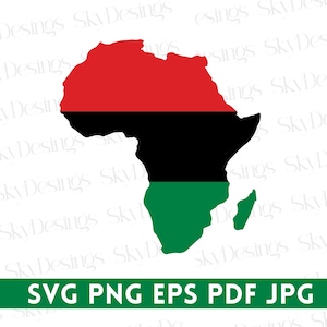 Puede incluir: Un gráfico del continente africano en rojo, negro y verde. La imagen es una silueta del continente con los colores que representan una bandera. La parte inferior de la imagen contiene el texto "SVG PNG EPS PDF JPG".