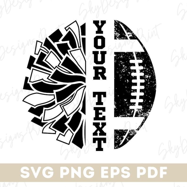 May include: Black and white graphic design of a cheerleading pom-pom and a football with the text "YOUR TEXT" in the center.