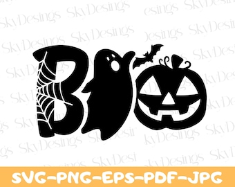 May include: Black and white graphic design of the word "Boo" with a ghost and a jack-o'-lantern. The "B" is decorated with a spider web.