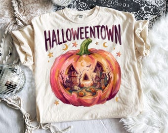 Vintage Halloween Pumpkin PNG, Preppy Jack O Lantern Graphic, Haunted Pumpkin Scene, Retro Spooky Season Sublimation Design