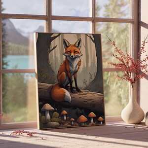 Orange Fox on a Log, Forest, Wildlife, Foggy Forest, Mushrooms, Wild Animals, Nature, Poster, Wall Art, Wall Decor, Gift for Him, For Her