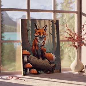 Orange Fox, Magical Forest, Wildlife, Foggy Forest, Mushrooms, Wild Animals, Nature, Poster, Wall Art, Wall Decor, Gift for Him, For Her,
