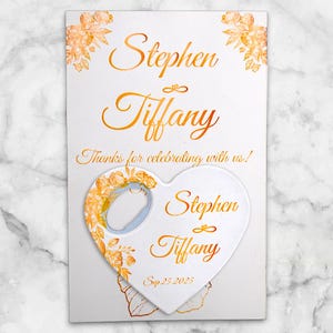 Aimant personnalisé d'ouvre-bouteille en forme de coeur floral doré avec carte personnalisée, cadeaux de remerciement de mariage, réservez votre date, cadeaux de fiançailles