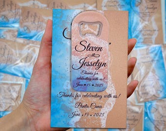 Lembrancinhas para casamento na praia: abridor de garrafas magnético personalizado, salve a data