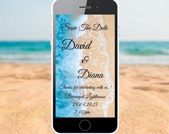 Invitación animada para guardar la fecha de boda en la playa (digital)