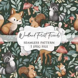 Pode incluir: Um padrão sem costura que apresenta animais da floresta, incluindo uma raposa, um guaxinim, um esquilo, um veado e um coelho. Os animais são cercados por folhas verdes e cogumelos com chapéus vermelhos. O texto "Woodland Forest Friends" e "Seamless Pattern 1 JPEG File" está incluído no design.