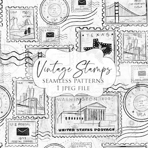 May include: Black and white seamless pattern featuring vintage postage stamps with illustrations of landmarks and the text "Vintage Stamps". The stamps include images of the Golden Gate Bridge, the Texas state outline, and the U.S. Capitol Building.
