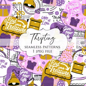 Puede incluir: Diseño de patrón sin costuras con un tema de compra de segunda mano. El diseño presenta ilustraciones de ropa, tijeras, sellos y texto que dice "Find your Treasure", "Create Love" y "Give new life". La paleta de colores incluye rosa, morado, dorado y blanco.