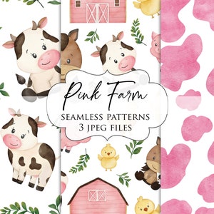 Pink Farm Seamless Pattern - Watercolor Pink Farm Pattern - Farm Animals Seamless Pattern - Nursery pattern - Cow Pattern