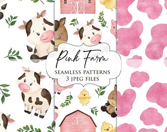 Pink Farm Seamless Pattern - Watercolor Pink Farm Pattern - Farm Animals Seamless Pattern - Nursery pattern - Cow Pattern