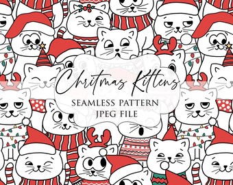 Cute Cartoon Christmas Cats Seamless Pattern, Kitten Doodle, Cute Christmas Kitten seamless pattern, Seamless Digital paper, Fabric printing