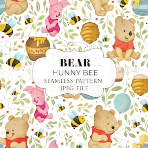 Cute Watercolor Bear Hunny Bee Seamless Pattern, Honey Bee Seamless Pattern for fabric printing, Sublimation, Digital Paper