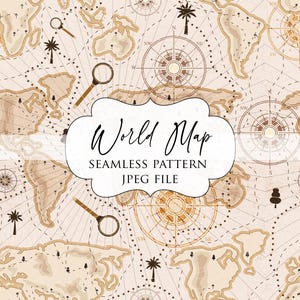 Puede incluir: Un patrón sin costuras que presenta un mapa del mundo vintage con rosas de los vientos, lupas y palmeras. El fondo es de color beige claro con una textura sutil. El texto "World Map Seamless Pattern JPEG File" se muestra en una pancarta blanca.