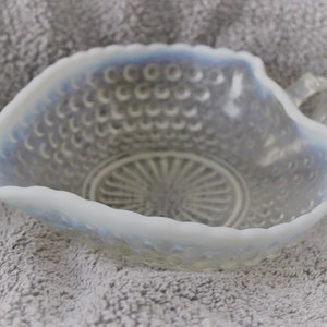 Anchor Hocking Hobnail Opalescent Moonstone Glass Handle Candy Dish Leaf Heart