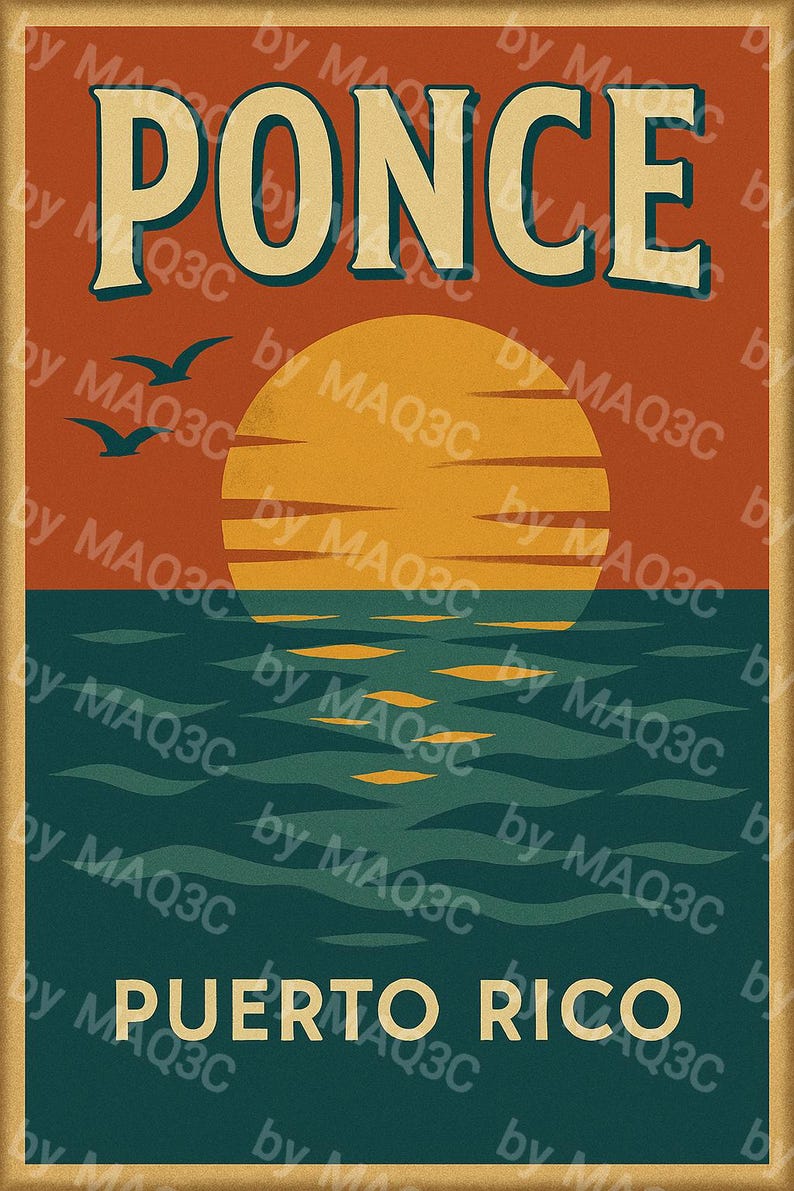 Ponce Red Leters Retro Ponce Puerto Rico Poster Vintage Sunset Wall Art Printable ...