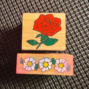 Flowers Rose 1990s Wooden Stamp Rubber Vintage Set 2pcs Small