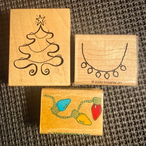 Christmas Xmas Wooden Small Stamp Rubber Vintage Set 3pc