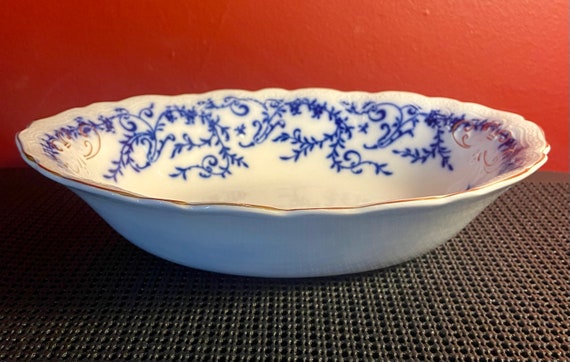 Coral Johnson Bros England Flow Blue Floral Gold Trim Dish Bone