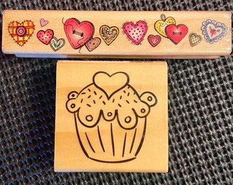 Heart Wooden Stamp Small Rubber Vintage Set 1990s