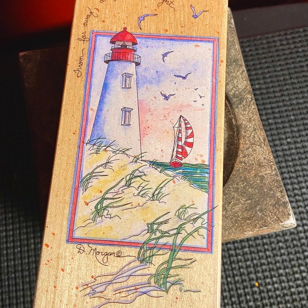 Lighthouse “ A Friendly Light” Wooden Rubber Stamp 1990s Large California 7”