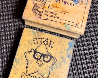 Teacher School Educational Wooden Stamp 1990s Rubber Vintage Set