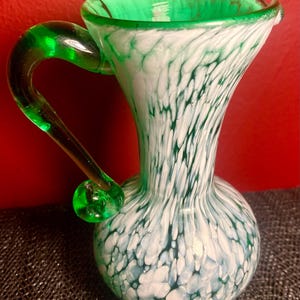 Pouring Pitcher Flower Vase Glass Small 5” Green White Vintage Decor