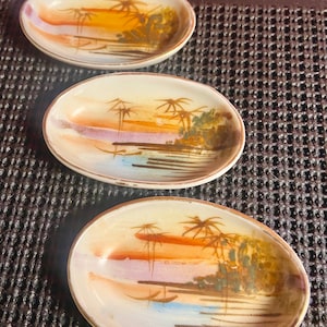 Tiny Ceramic Trays Set Hand Painted Japan Waterfront