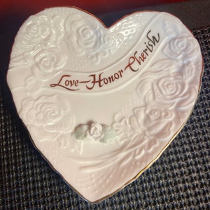 Enesco Love Honor Cherish Porcelain Heart Shaped Tray 1994 China Gold Trim