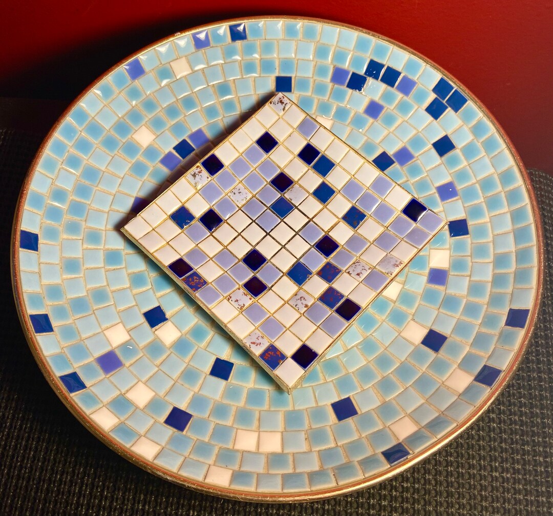 Vintage Tile Trays Metal Stone Blue White Set Etsy