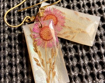 Glass Opal Color Rectangle Vintage Earrings Flower Brass Set 1.5”