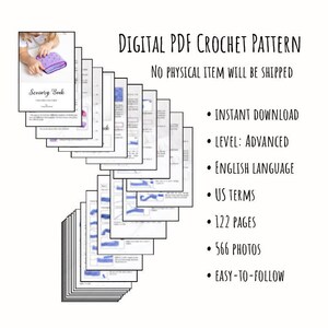 Preview of the digital PDF crochet pattern with text emphasizing: “No physical item will be shipped, instant download, English language, advanced level, 122 pages, 566 photos, easy-to-follow.”