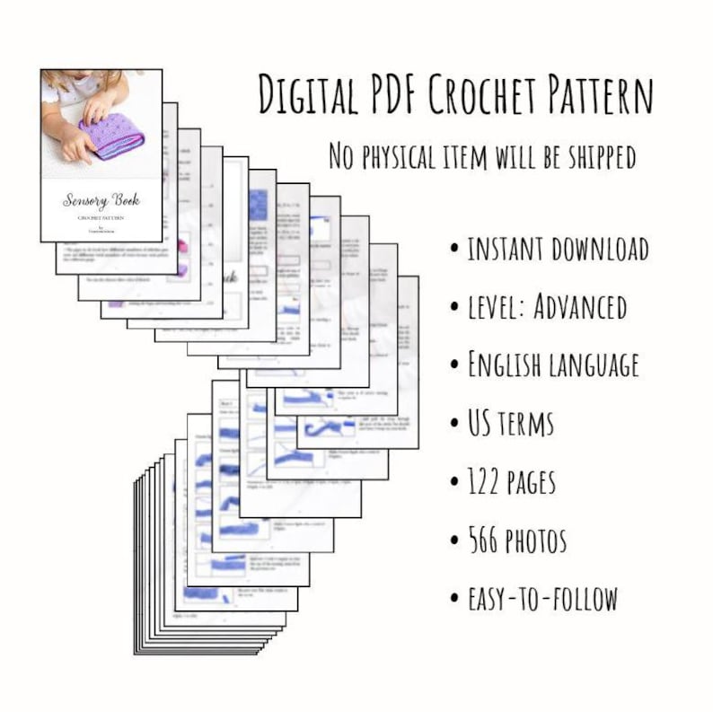 Preview of the digital PDF crochet pattern with text emphasizing: “No physical item will be shipped, instant download, English language, advanced level, 122 pages, 566 photos, easy-to-follow.”