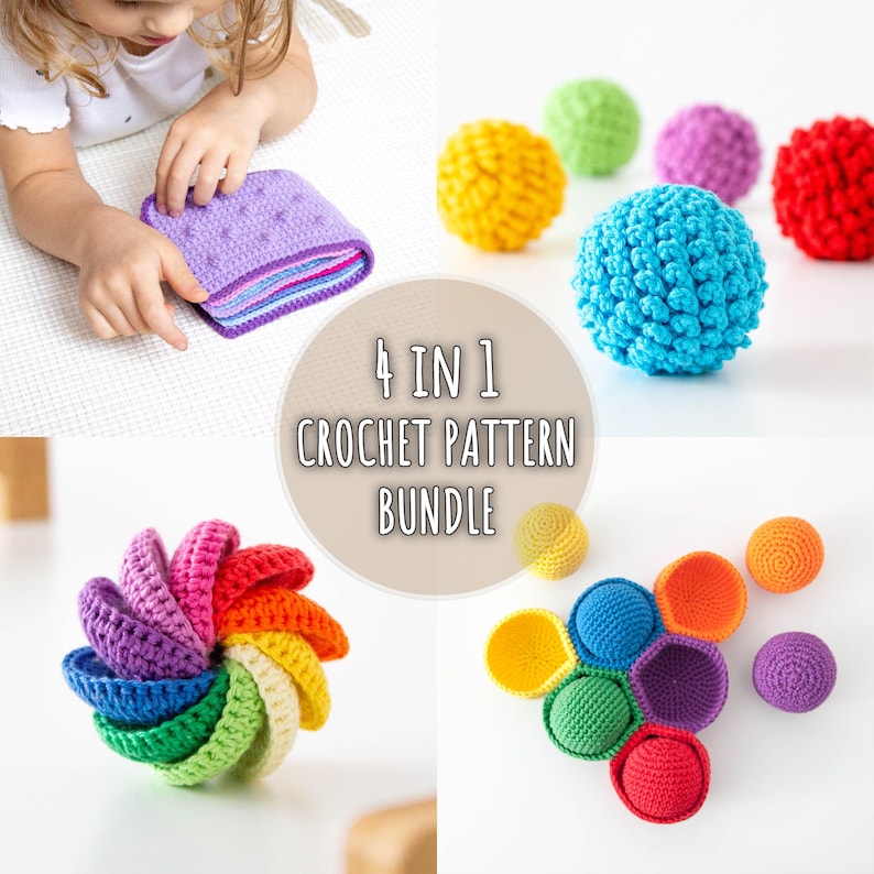 Virkade leksaksmönster för baby, 4 i 1 Montessori-leksaker, sensorisk amigurumi PDF-set, digital nedladdning bild 1