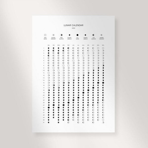 Mondkalender 2024 | Druckbarer Mondkalender | Funktionales, minimalistisches Design | Fünf Zeitzonen verfügbar!