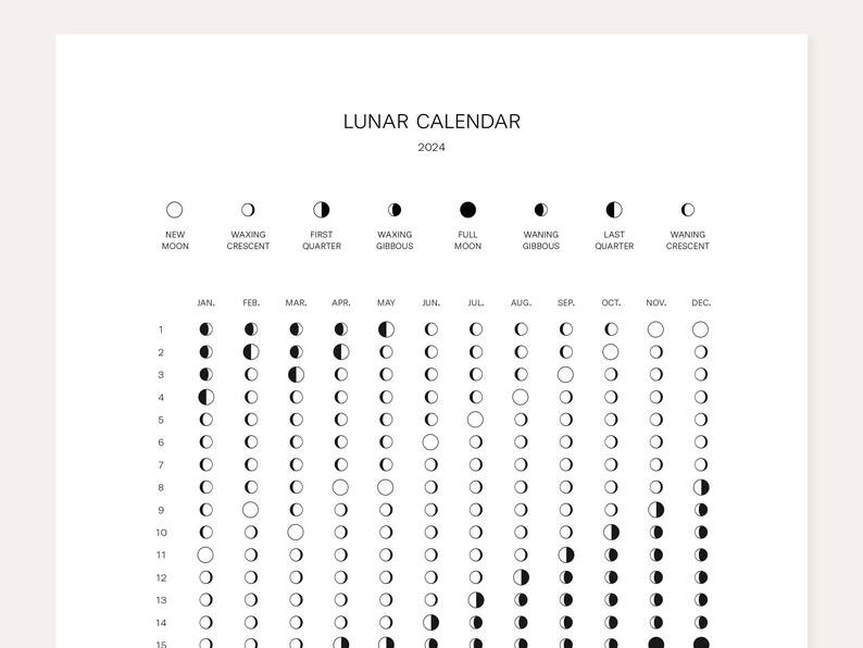 Lunar Calendar 2024 Printable Lunar Calendar Functional, Minimalist Design Five Time Zones