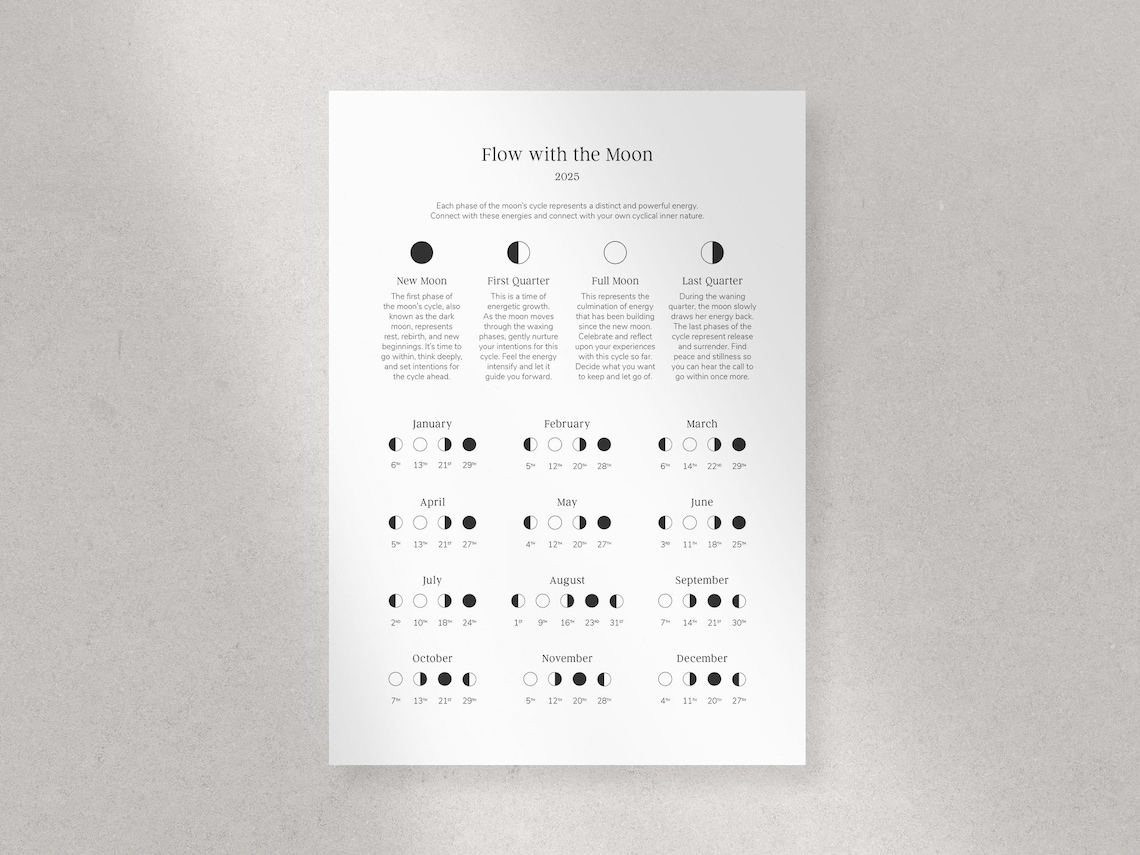 Lunar Calendar 2025 | Printable Lunar Calendar | Functional, Minimalist