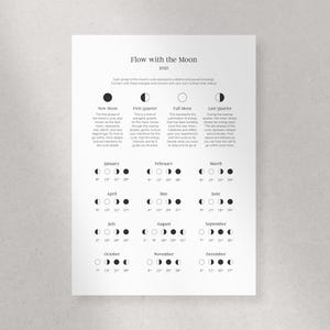 Op de afbeelding: Een zwart-witte printbare kaart die de maanfasen voor elke maand van het jaar laat zien. De kaart bevat de namen van elke maanfase en de datums van elke fase.