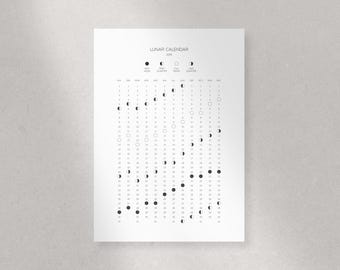May include: A black and white lunar calendar for the year 2023. The calendar shows the phases of the moon for each day of the year. The phases include new moon, waxing crescent, first quarter, waxing gibbous, full moon, waning gibbous, last quarter, and waning crescent.