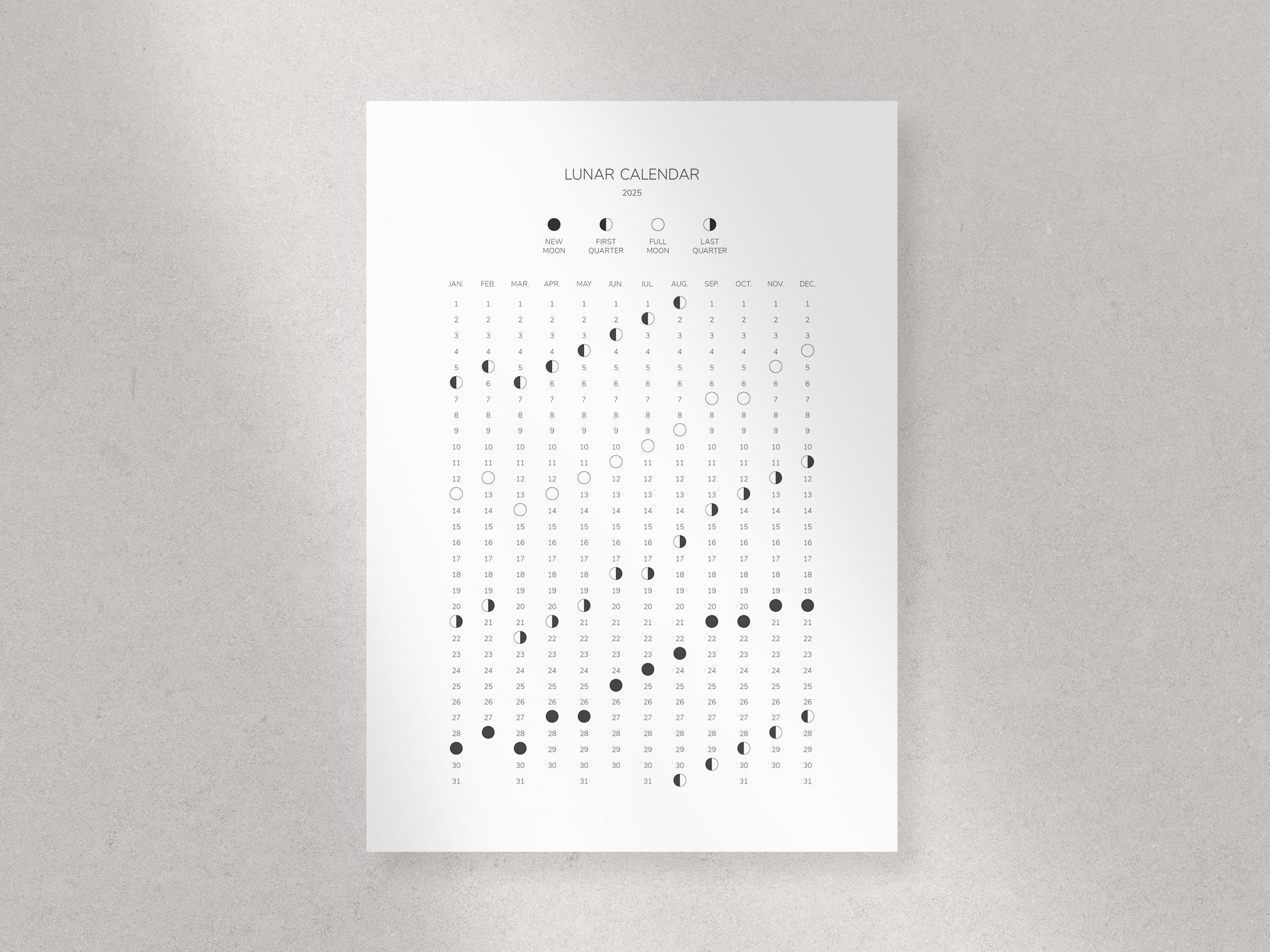 Lunar Calendar 2025 | Printable Lunar Calendar | Functional, Minimalist